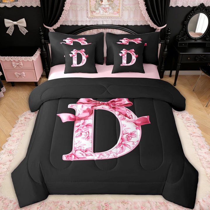 Erosebridal Floral Bow Letter D Twin Bedding Sets for Girls, Pink Initial Ribbon Bedding Comforter Set, Reversible, 7-Piece