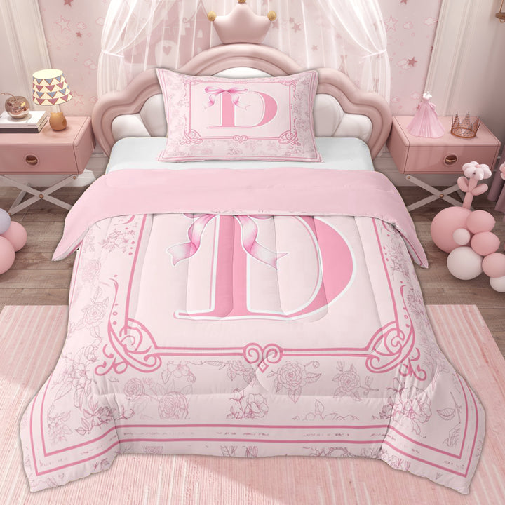 Erosebridal Kids Pink Initial D Twin Comforter Sets, Cute Princess Bowknot Bedding Set, 2 Pieces