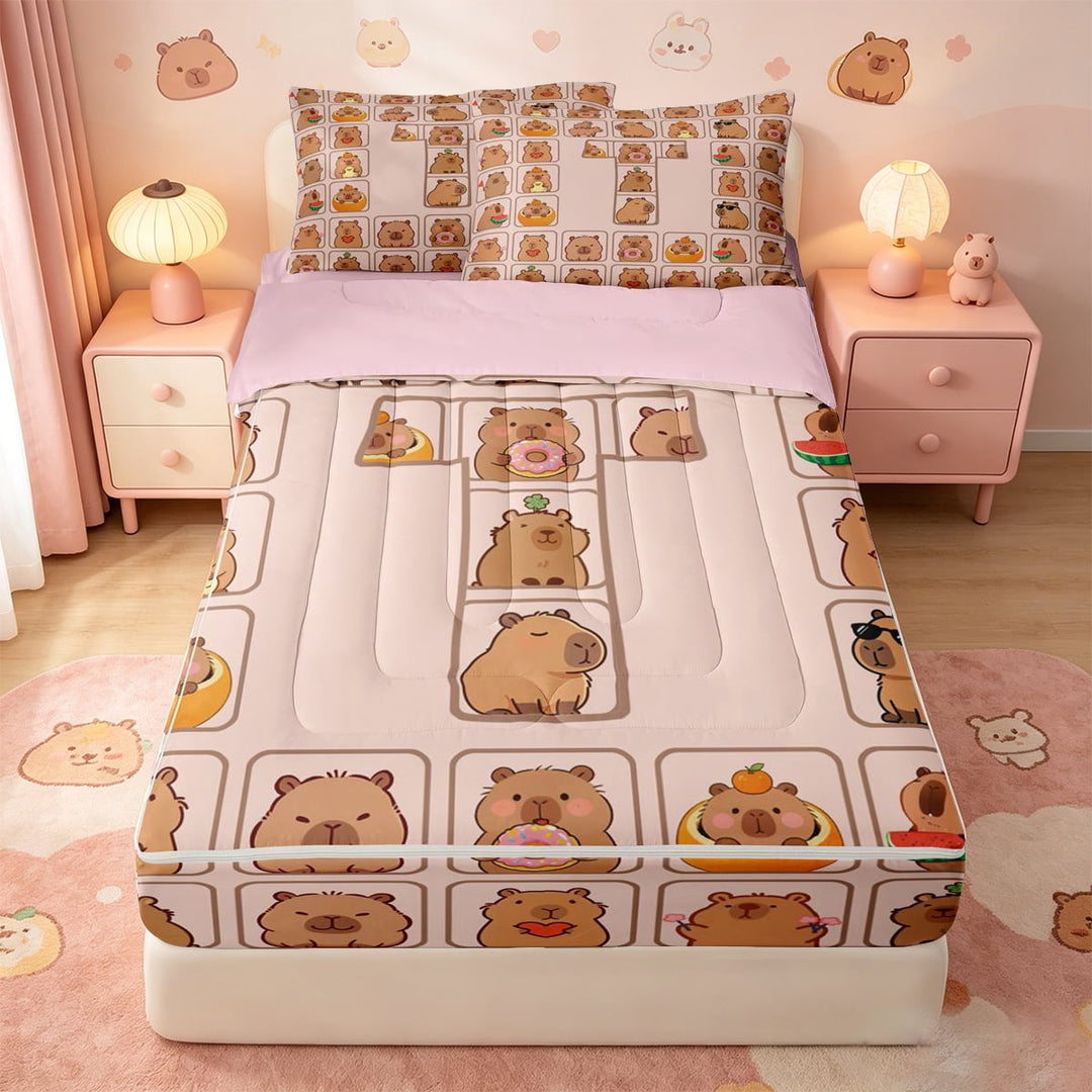 meiyoeat meiyoeat Cute Capybara Alphabet Zipper Twin Comforter Sets with Fitted Sheet and 2 Pillowcases,First Letter T Zipper Bedding Set,Pink Reversible,4-Piece
