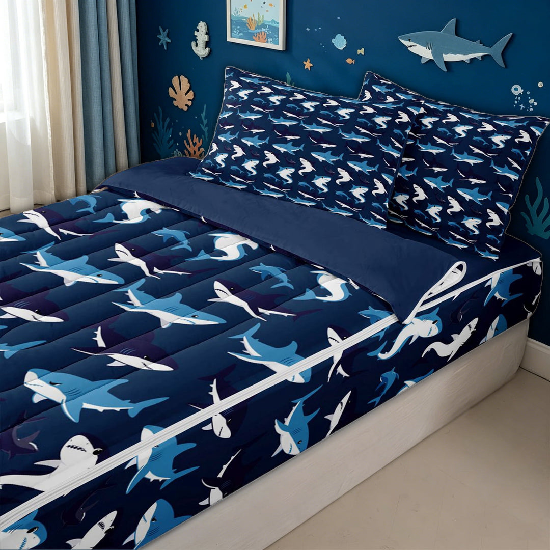 meiyoeat Cartoon Navy Shark Zipper Full Size Comforter Sets with Fitted Sheet and 2 Pillowcases for Kids Boys, Kawaii Sea Animals Zipper Bedding Set for Bedroom, Blue ReversibleB