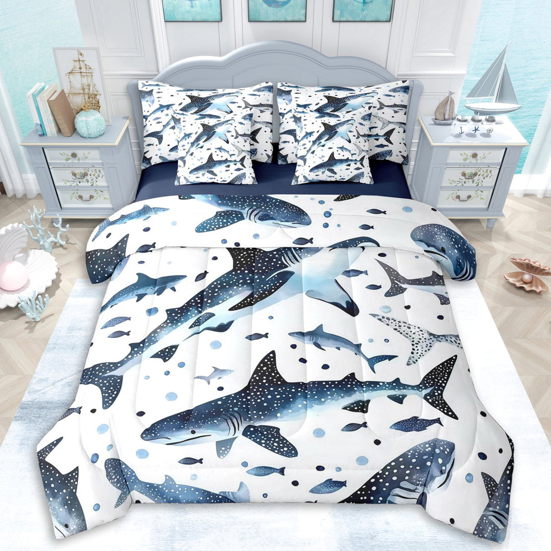 Erosebridal Teens Cartoon Sea Sharks Twin Bedding Sets 7-Piece,Boys Girls Ocean Marine Animal Bedding Comforter Set,Navy Blue Reversible,Ultra Soft Home Decor