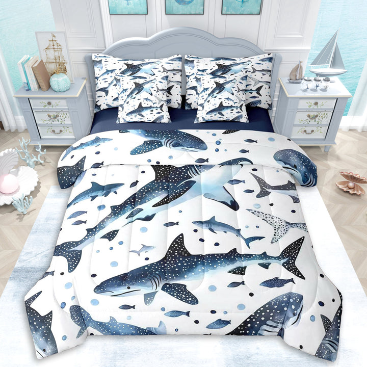 Erosebridal Teens Cartoon Sea Sharks Twin Bedding Sets 7-Piece,Boys Girls Ocean Marine Animal Bedding Comforter Set,Navy Blue Reversible,Ultra Soft Home Decor