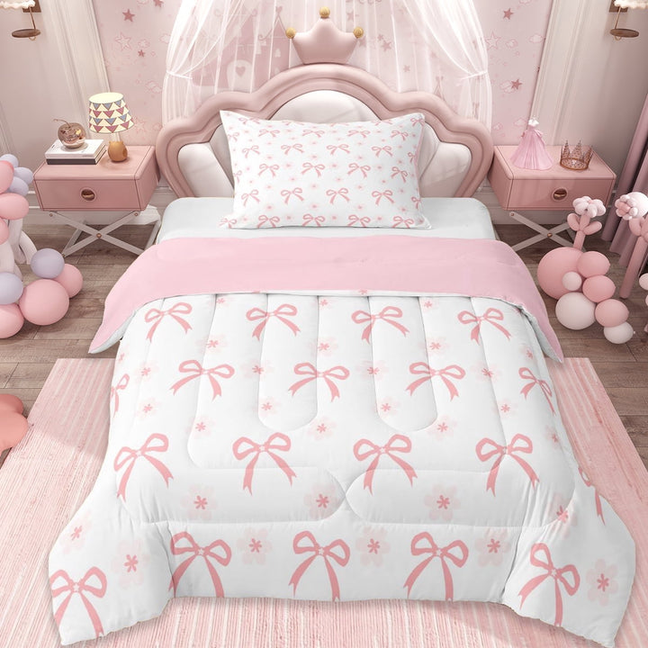 Erosebridal Girls Pink Bowknot Twin Comforter Sets,Cute Bows Cartoon Flowers Bedding Set,Dreamy Princess Style, Reversible 2pcs