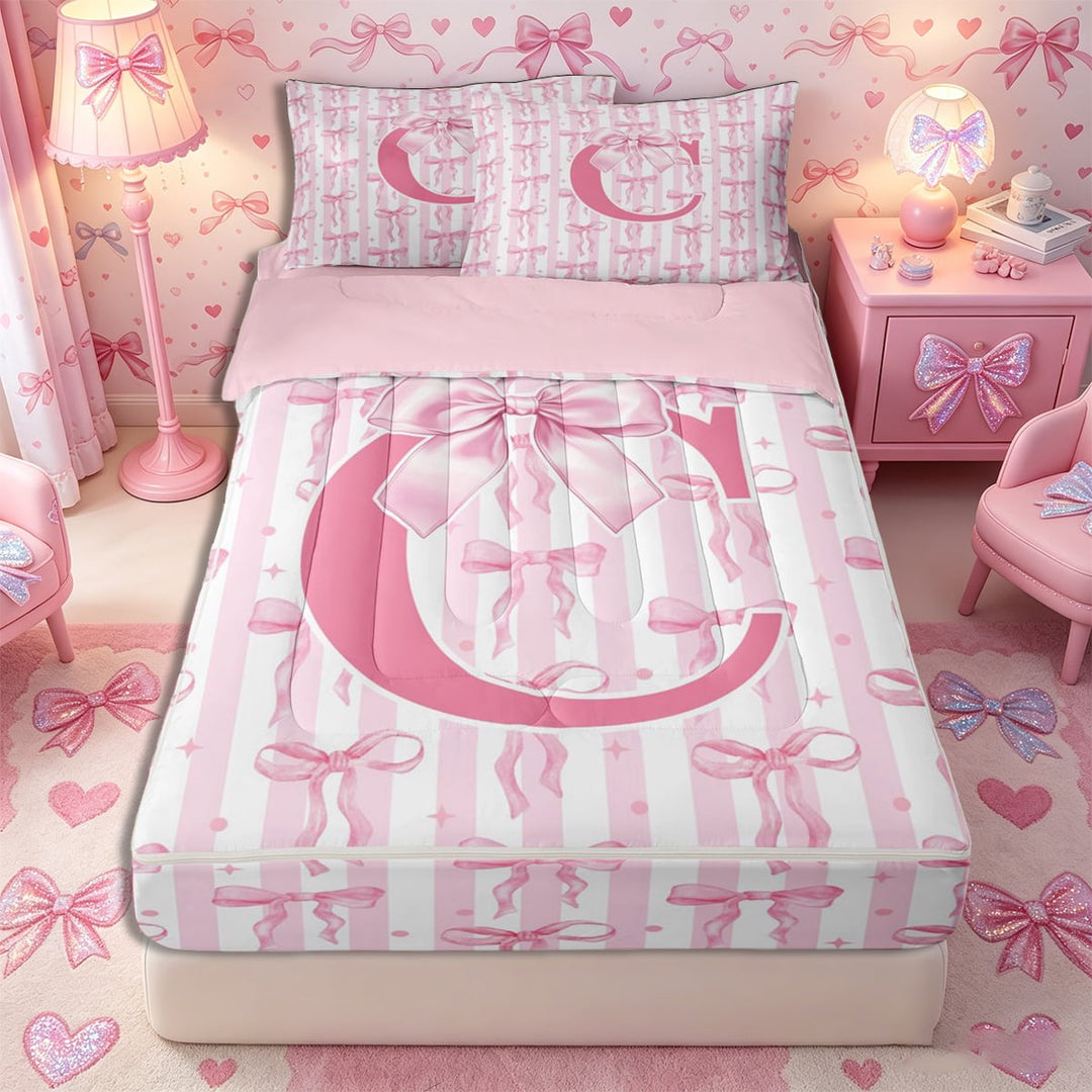 Meiyoeat Sweet Bow Letter C Zipper Full Size Comforter Sets with Fitted Sheet and 2 Pillowcases for Girls Toddlers, Lovely Stripe Zipper Bedding Set, Light Pink White,4pcs,Pink Reversible