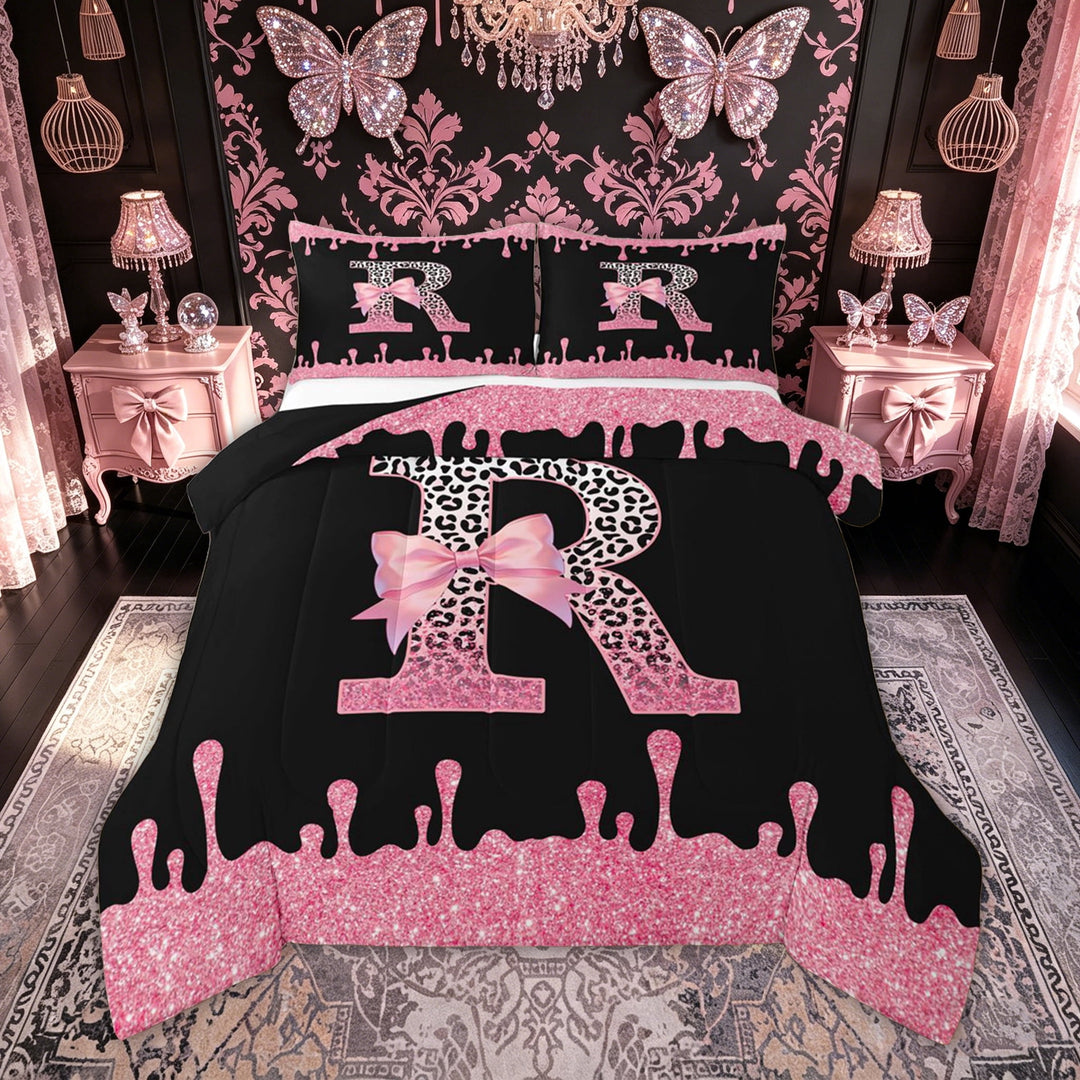 meiyoeat Leopard Print Letter R Full Size Comforter Sets for Girls Kids, Bow Initial Bedding Comforter Set for Bedroom, Pink, Black Reversible, 3-Piece, 1 Comforter and 2 Pillowcases