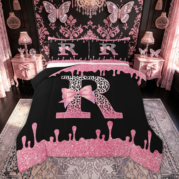 meiyoeat Leopard Print Letter R Full Size Comforter Sets for Girls Kids, Bow Initial Bedding Comforter Set for Bedroom, Pink, Black Reversible, 3-Piece, 1 Comforter and 2 Pillowcases