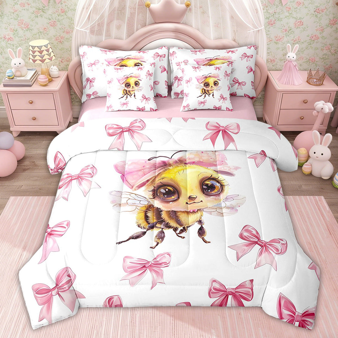 Erosebridal Bowknot Bee Bedding Sets Twin with Comforter, Princess Bow Bedding Set,, Pink Reversible 7-Piece