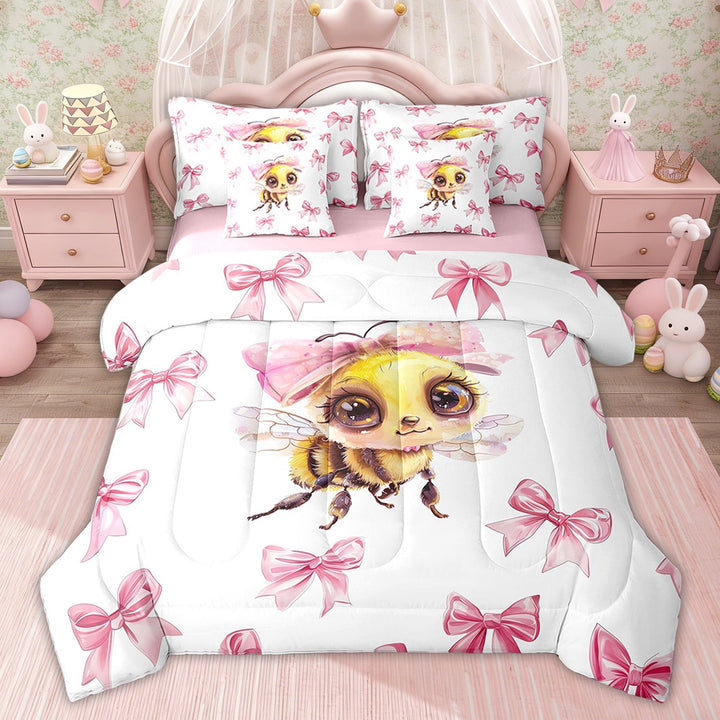 Erosebridal Bowknot Bee Bedding Sets Twin with Comforter, Princess Bow Bedding Set,, Pink Reversible 7-Piece