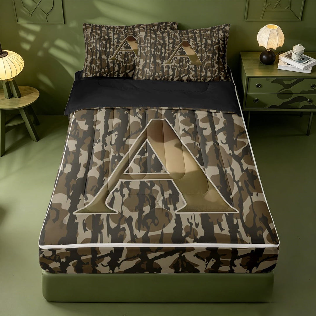 meiyoeat Rustic Hunting Camo Zipper Full Size Comforter Sets with Fitted Sheet and 2 Pillowcases For Boys,Green Initial Letter A Zipper Bedding Set For Men,Black Reversible,4 Pieces