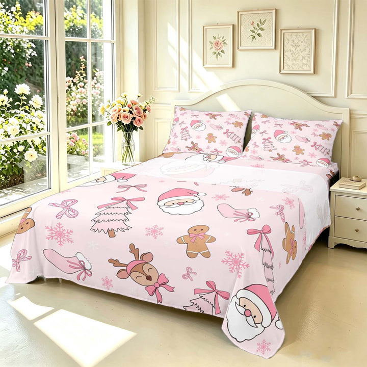 Manfei Cartoon Santa Claus Bed Sheets,Christmas Gingerbread Men Full Size Sheets,Pink,4pcs,1 Flat Sheet,1 Fitted Sheet and 2 Pillowcases