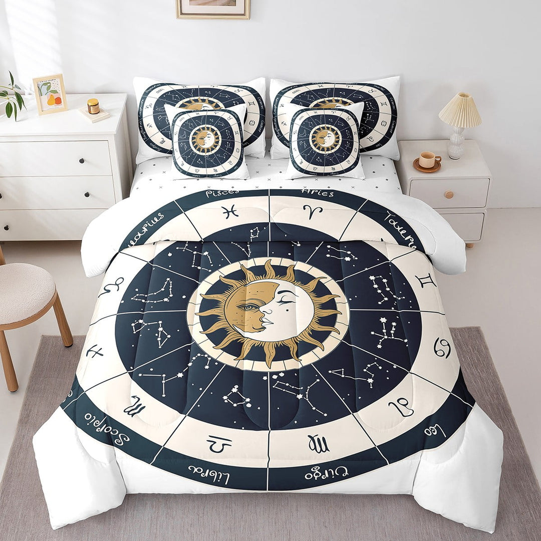 Constellation Bed in a Bag Queen Comforter Set 7 Piece,Sun And Moon Bedding Sets Exotic Zodiac Signs Sheet Set With Comforter,Bohemian Bed Set