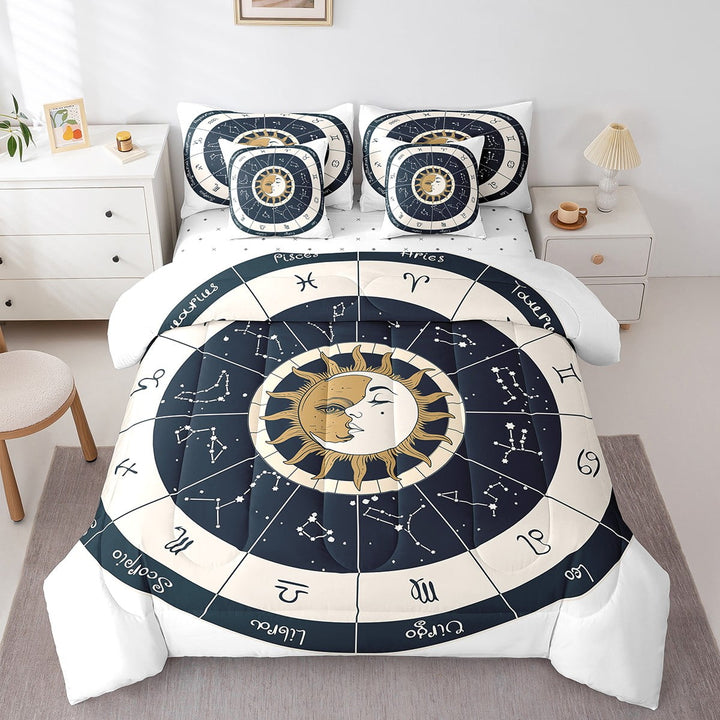 Constellation Bed in a Bag Queen Comforter Set 7 Piece,Sun And Moon Bedding Sets Exotic Zodiac Signs Sheet Set With Comforter,Bohemian Bed Set