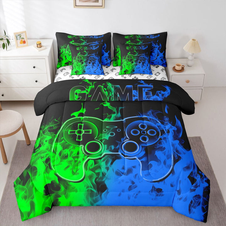 Erosebridal Teen Video Game Bedding Sets Twin Size,Blue Greeen Comforter Sets with Sheets,Gamepads Gamer Bed in a Bag Twin size,Super Cozy Gradient Bedroom Decoration,Reversible,7-Piece