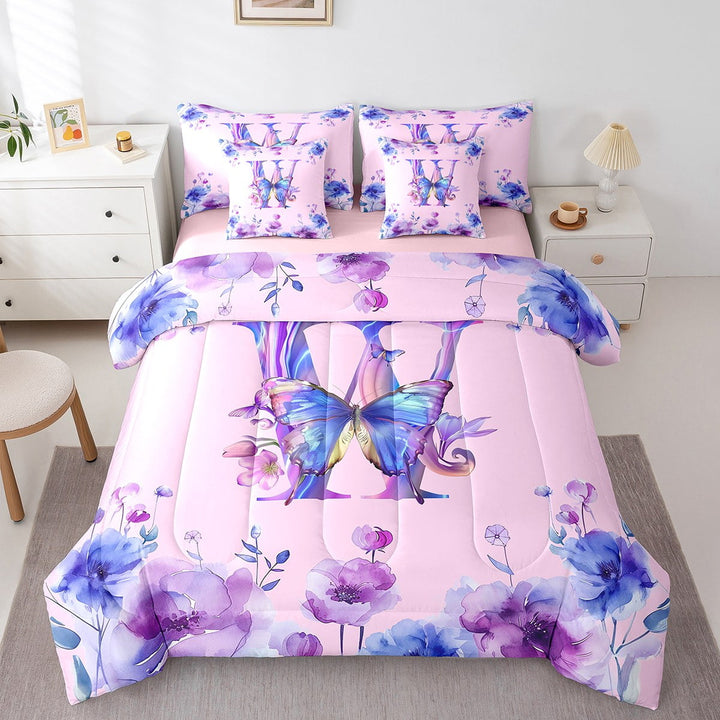 Erosebridal Monogrammed W Bedding Twin Size,Tie Dye Flower Print Bed Set,Wild Animal Butterfly Bedding Sets Twin Size,Lightweight Room Decor Reversible,7pcs
