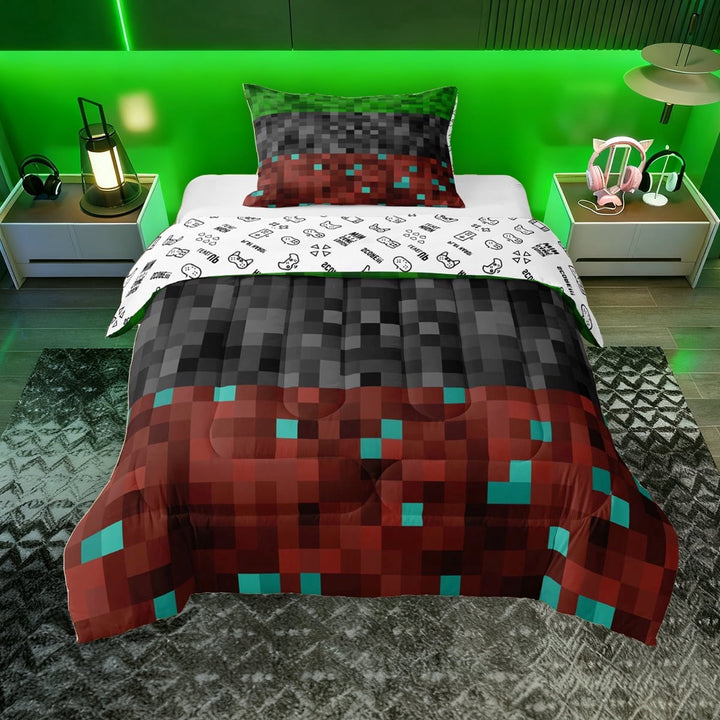 Erosebridal Miner Game Twin Comforter Sets for Kids Boys, Pixelated Theme Checkered Bedding Set, Gamepad Reversible, 1 Comforter and 1 Pillowcase
