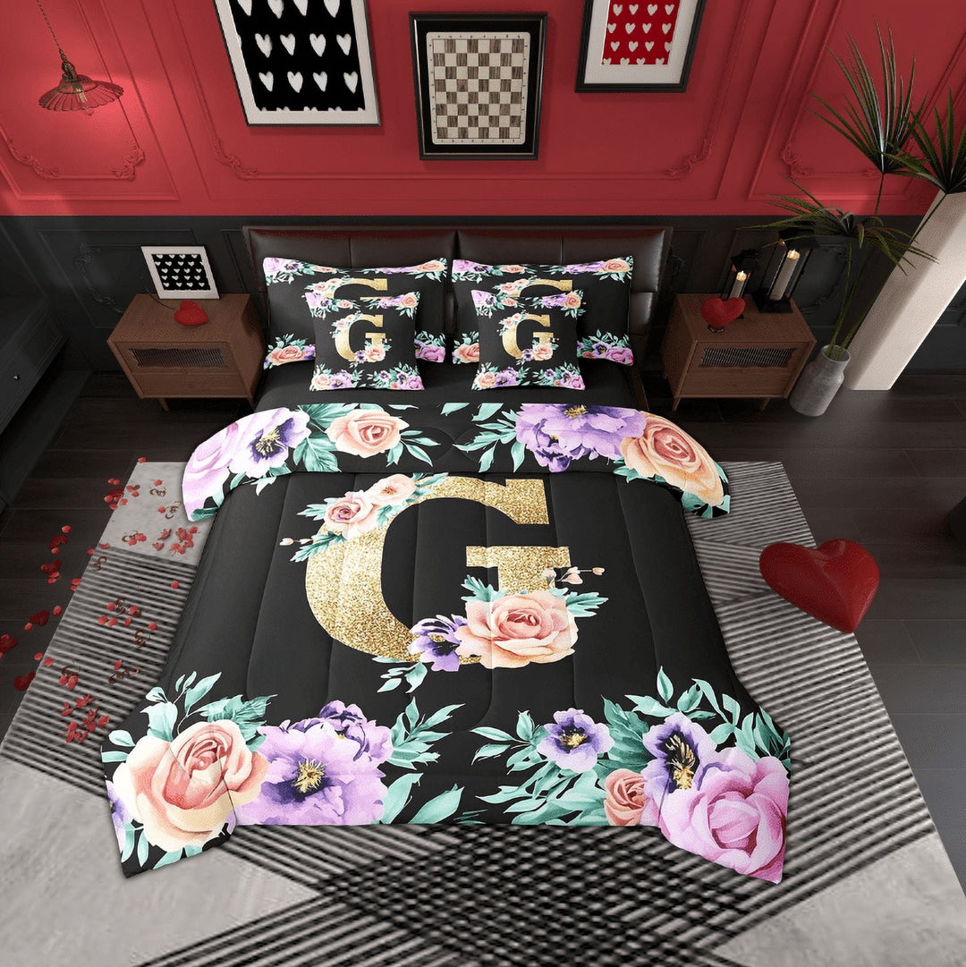 Erosebridal Monogrammed G Bedding Sets, Rose Flower Comforter Sets with Sheets, Vintage Fashion Reversible Bed Sheets Set, Lightweight Room Decorative, 7-Piece