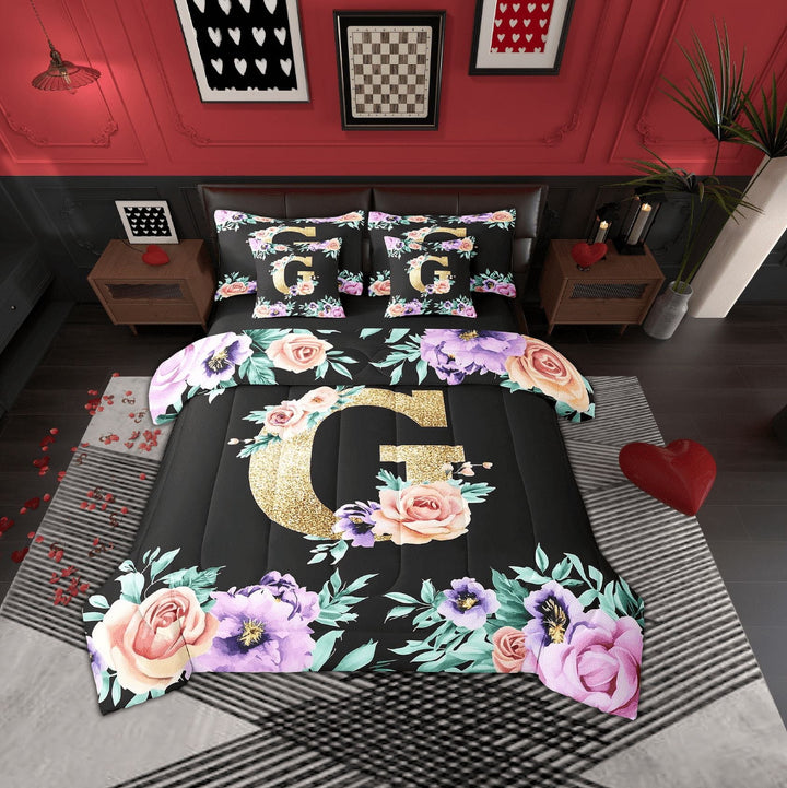 Erosebridal Monogrammed G Bedding Sets, Rose Flower Comforter Sets with Sheets, Vintage Fashion Reversible Bed Sheets Set, Lightweight Room Decorative, 7-Piece