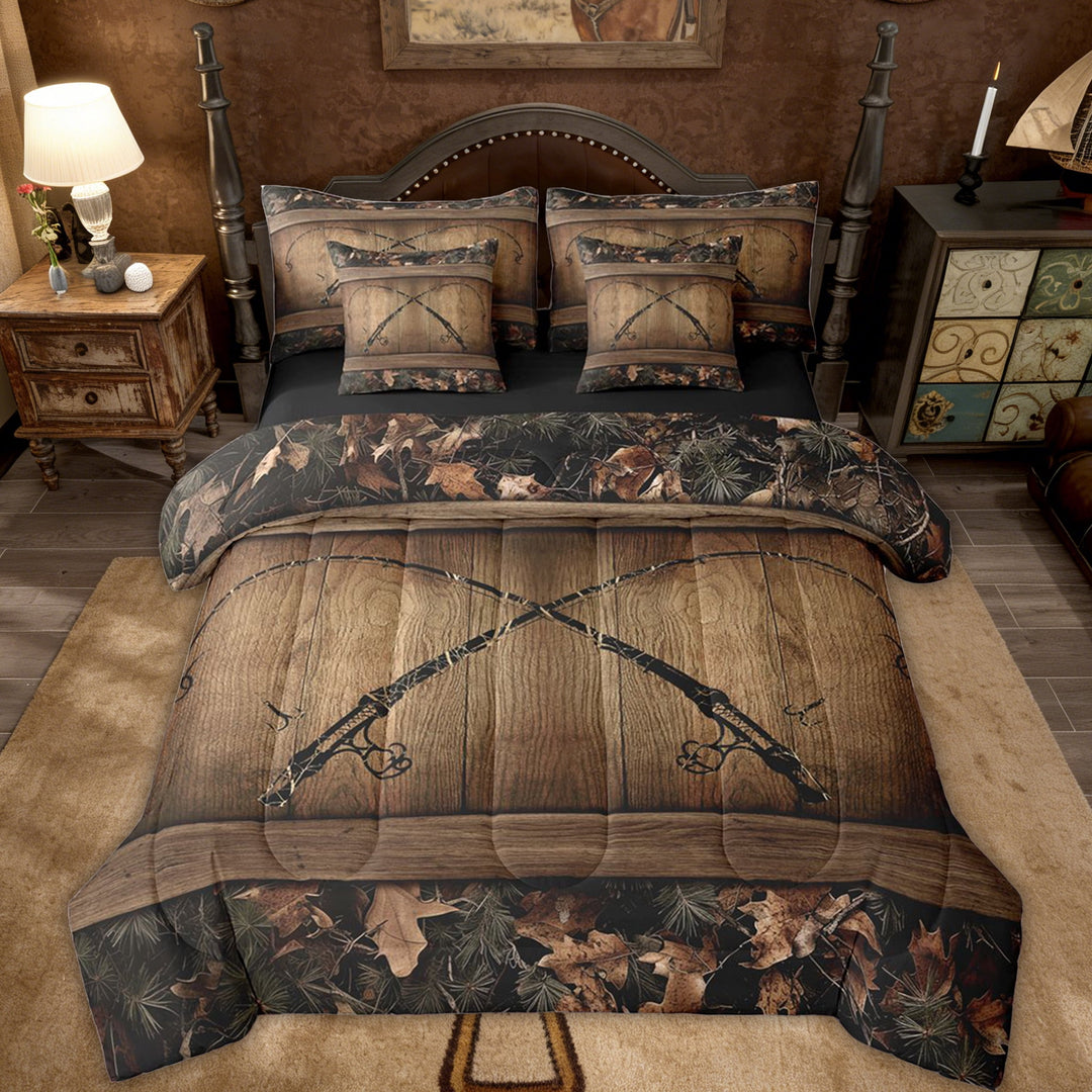 Erosebridal Camouflage Fishing 7 Piece Bedding Set King Fishing Line Rod Comforter Set Rustic Farmhouse Tree Branches Camo Bed In A Bag Teen Adults Cabin Lodge Bed Set Soft Lightweight