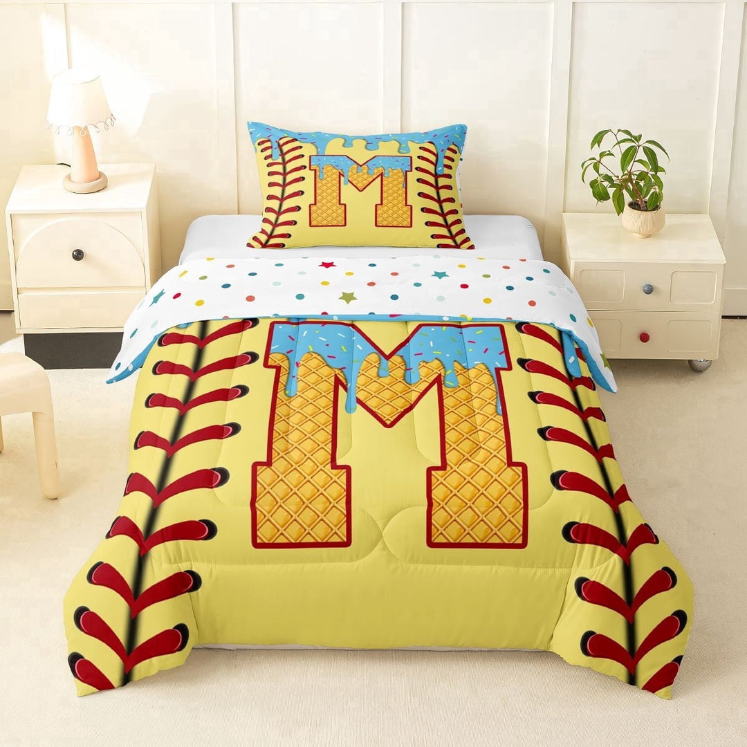 Erosebridal Light Blue Dripping Baseball Stitch &amp; Waffle Letter M Graphic Twin Comforter Sets 3-Piece, Alphabet Graphic Bedding Set for Boys And Girls Kids,Luxury Bedroom Decor