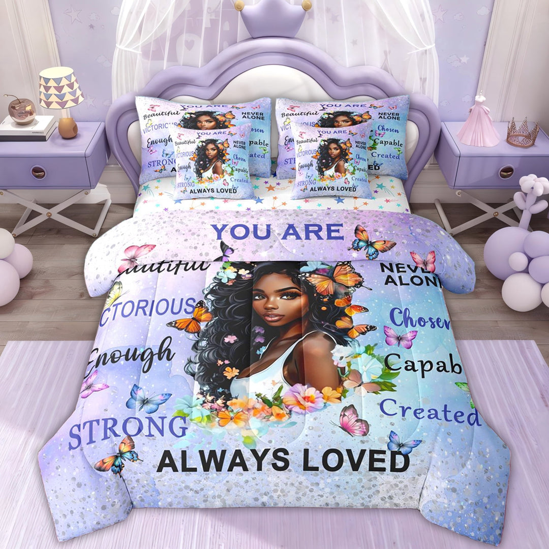 Erosebridal Black Princess Girls Twin Bedding Sets, Blue Purple Watercolor Bedding Comforter Set, Stars Reversible, 7 Pieces