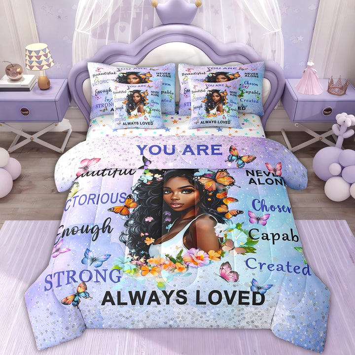 Erosebridal Black Princess Girls Twin Bedding Sets, Blue Purple Watercolor Bedding Comforter Set, Stars Reversible, 7 Pieces