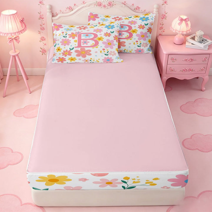 meiyoeat Colorful Cute Floral Print Zipper Twin Comforter Sets with Fitted Sheet and 2 Pillowcases For Kids,Pink Initial B Alphabet Design Zipper Bedding Set For Girls,pink Reversible,4-Piece