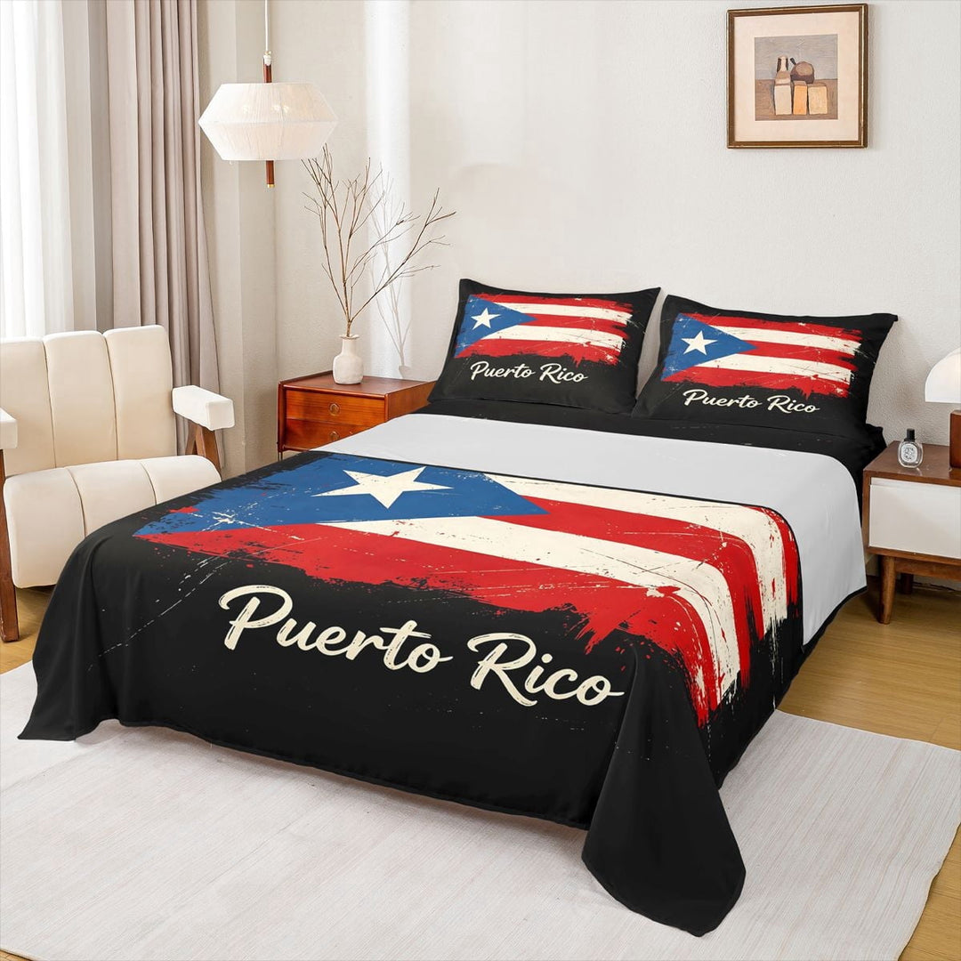 Manfei Vintage Flag Bed Sheets,Puerto Rico Print Full Size Sheets,Red Black,4pcs,1 Flat Sheet, 1 Fitted Sheet and 2 Pillowcases