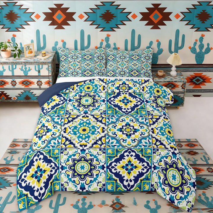 Erosebridal Teal Green Mandala Full Size Comforter Sets, Bohemia Style Patchwork Bedding Sets, Navy Reversible 3 Pieces, 1 Comforter and 2 Pillowcases