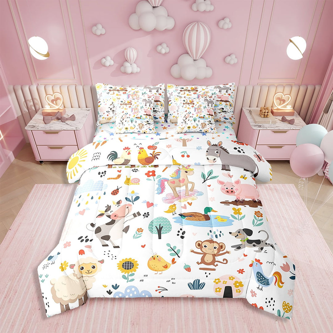 Erosebridal Cow Bedding Set Twin Size Horse Pig Comforter Set With Sheets7 piece Chicken Duck Bed in a Bag for Dog Leaf Farm Animal Bed Set with Comforter,Sheets,Pillowcases