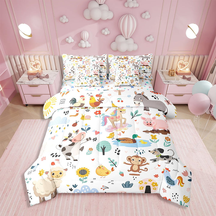 Erosebridal Cow Bedding Set Twin Size Horse Pig Comforter Set With Sheets7 piece Chicken Duck Bed in a Bag for Dog Leaf Farm Animal Bed Set with Comforter,Sheets,Pillowcases