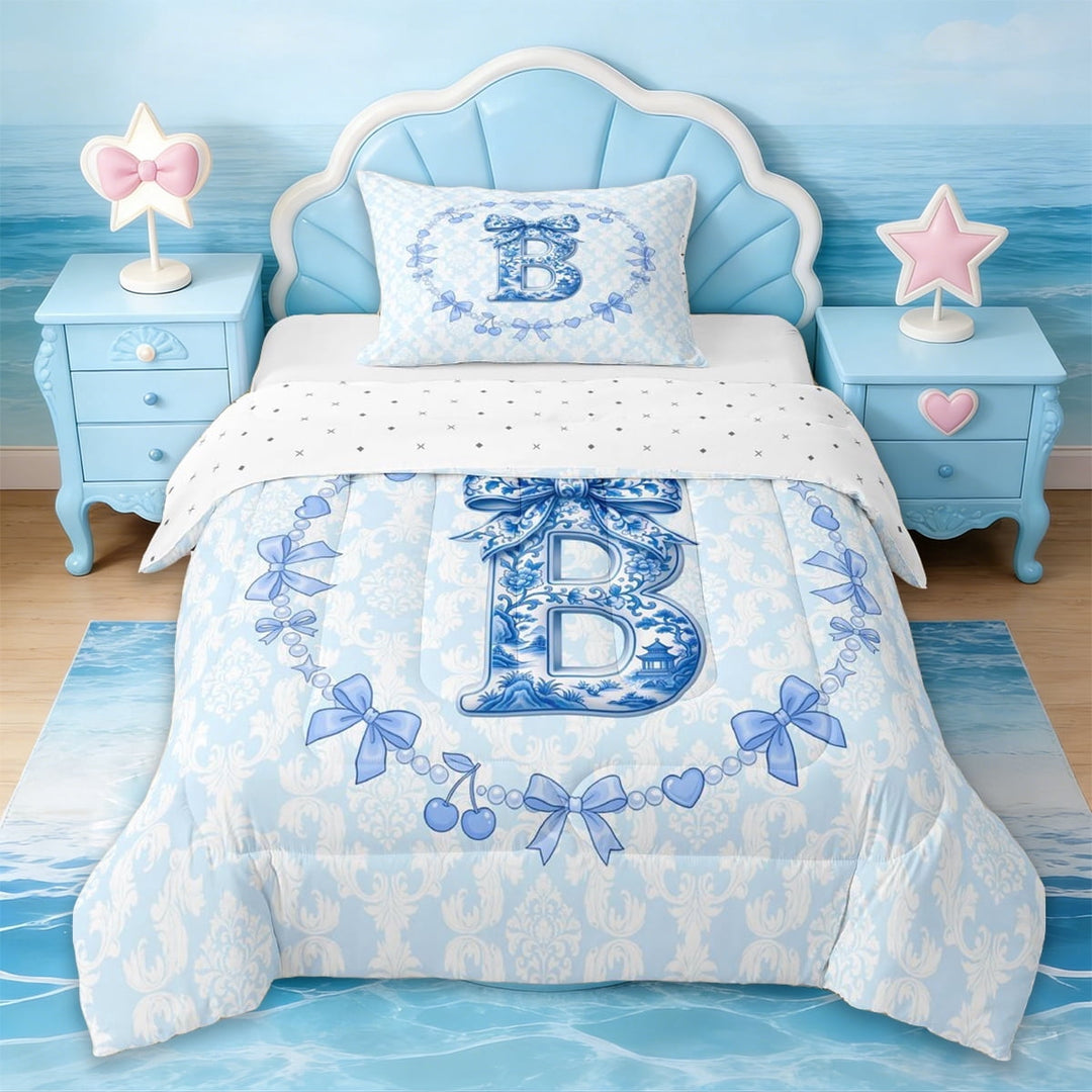 Erosebridal Initial Alphabet B Twin Comforter Sets,Girls Cute Coquette Bows Bedding Set For Kids,Reversible,2 Pieces