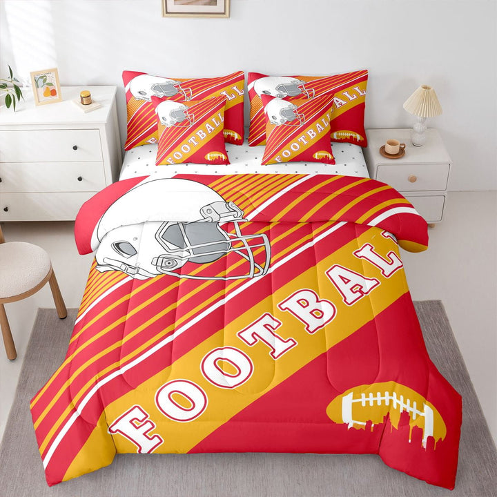 American Football Themed Comforter Sets Twin Size, Football Bedding Bed In A Bag(Comforter+Fitted+Flat Sheet+2 Pillowcases+2 Throw Pillow Covers) 7 Piece Yellow And Blue Bed Set, Kansas