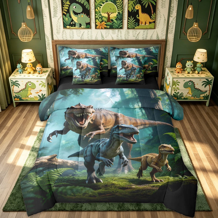 meiyoeat Forest Dino Full Size Bedding Sets for Boys Men Kids, Farmhouse Animal Full Size Bed in a Bag, Green, Black Reversible, 7-Piece