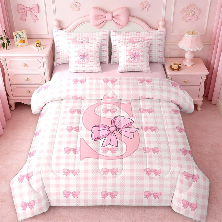 Erosebridal Pink Classic Checkered 7-Piece Twin Bedding Sets For Kids,3D Cartoon Letter S Initial Print Bedding Comforter Set,Pink Reversible