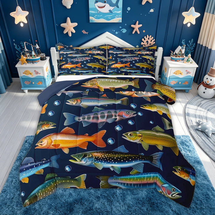 meiyoeat Kawaii Rustic Pike Fish Full Size Comforter Sets for Men Boys, Rustic Lake Animal Bedding Comforter Set, Navy, Blue Reversible, 3-Piece, 1 Comforter and 2 Pillowcases