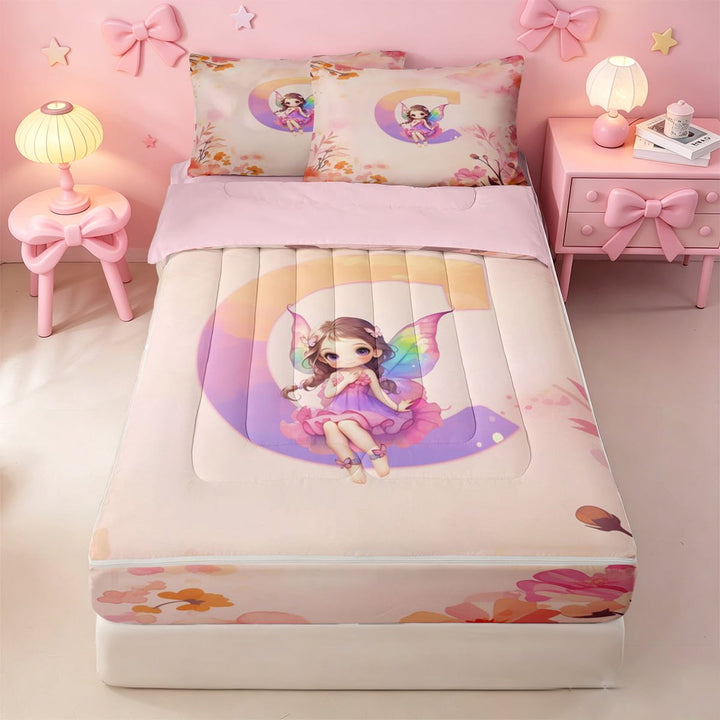 meiyoeat Colorful Gradient Monogram C Zipper Full Size Comforter Sets with Fitted Sheet and 2 Pillowcases,Pastel Flower Zipper Bedding Set For Girl,Pink Reversible,4-Piece
