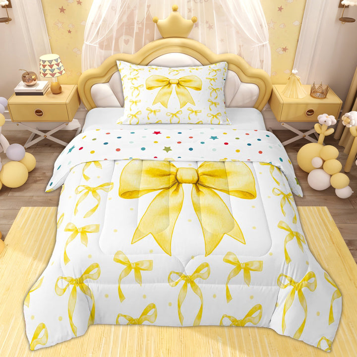 Erosebridal Retro Ribbon Twin Comforter Sets for Kid, Butterfly Knot Bedding Set, White Yellow, 2-Piece