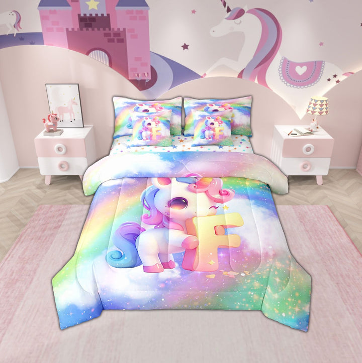 Erosebridal Cartoon Unicorn Bed in a Bag Twin size, Initial F Letter Bed Set, Bling Rainbow Reversible Bedding Twin Size, Lightweight Room Decorative, 7pcs