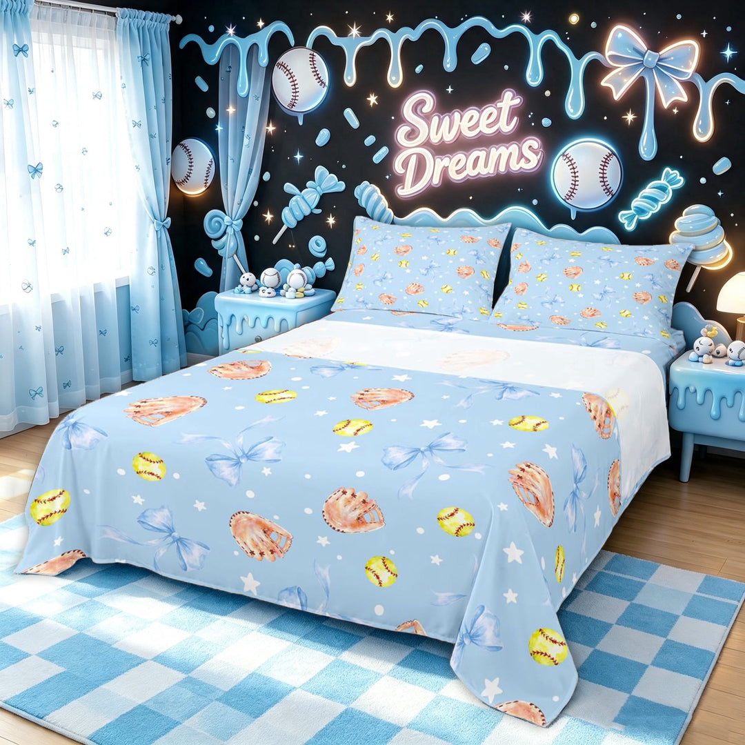 meiyoeat Blue Softball Bow Bed Sheets for Girls, Cute Ball Glove Print Full Size Sheets, 4-Piece, 1 Flat Sheet, 1 Fitted Sheet and 2 Pillowcases
