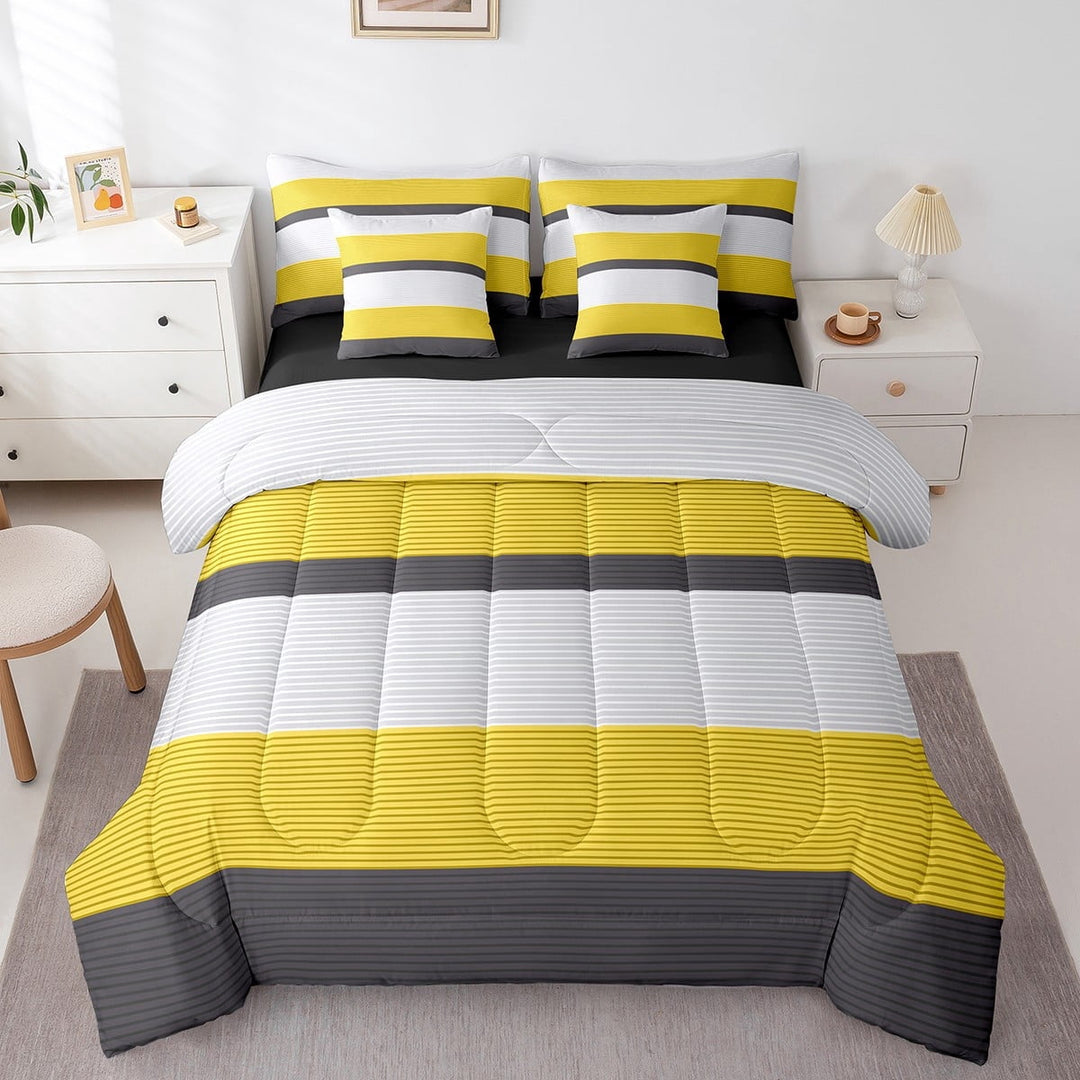Erosebridal Yellow Stripes Bedding Sets Twin Size,Geometric Lines Comforter Sets with Sheets,Geometric Theme Bed in a Bag Twin size,Ultra Soft Abstract Room Decor,Reversible,7pcs