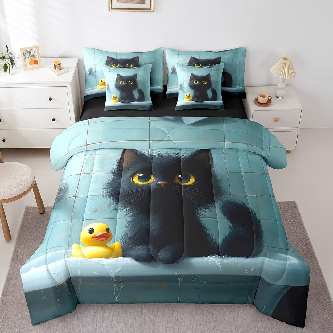 Black Cat 7 Pieces Bedding Set Twin,Cartoon Pet Kitten Lovely Bath Duck Bed in a Bag ,Kawaii Animal Teal Brick Wall Print Comforter Set with Sheets,Pillow Covers
