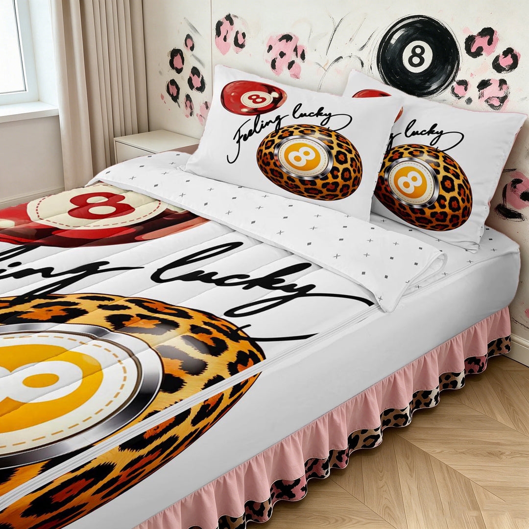meiyoeat Retro Lucky 8 Billiards Zipper Full Size Comforter Sets with Fitted Sheet and 2 Pillowcases for Girls, Leopard Cheetah Print Zipper Bedding Set, Reversible, 4 Pieces