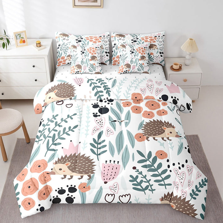 YST Hedgehog Kids Comforter Set Full 7 Piece Animal Bed in a Bag Paw Print Kawaii Room Decor,Green Leaf Pink Flower Bedding Set with Fitted Sheet,Flat Sheet,Pillow Cases &amp; Covers