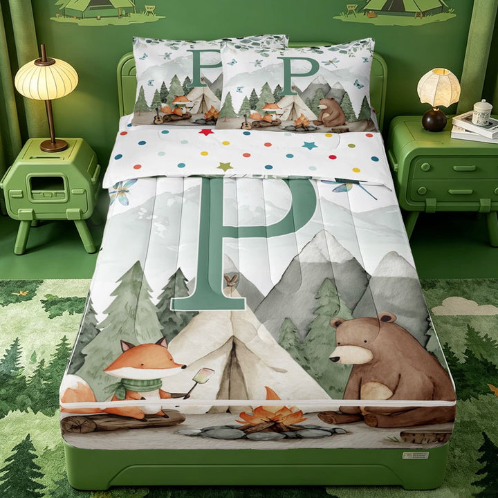 meiyoeat Happy Camping Zipper Full Size Comforter Sets with Fitted Sheet and 2 Pillowcases For Boys,Cute Bear Initial Alphabet P Zipper Bedding Set,Polkadot Reversible,4-Piece