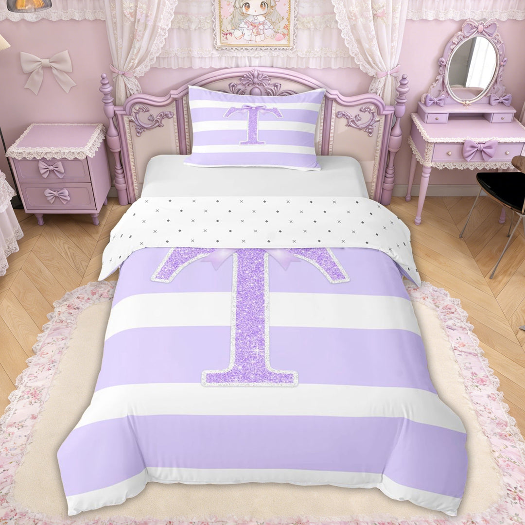 Erosebridal Glitter Print Letter T Bow Twin Bedding for Girls, Purple Stripe Line Duvet Cover Set, Reversible, 1 Duvet Cover and 1 Pillowcase (No Comforter)