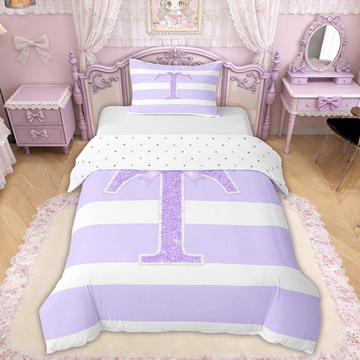 Erosebridal Glitter Print Letter T Bow Twin Bedding for Girls, Purple Stripe Line Duvet Cover Set, Reversible, 1 Duvet Cover and 1 Pillowcase (No Comforter)
