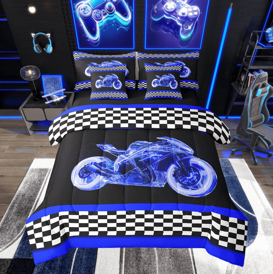 Erosebridal Teens Sports Bedding Twin Size, Motorcycle Bedding Sets Twin Size, Racing Checkered Decor, Reversible 7pcs