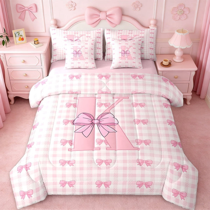 Erosebridal Girly Bowknot 7-Piece Twin Bedding Sets For Kids,Letter K Initial Kids Bedding Comforter Set,Pink Reversible