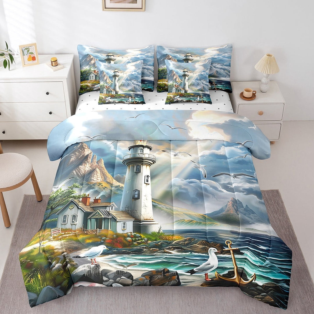 Erosebridal Lighthouse Bedding King Size, Marine Ocean Bedding Sets King Size, Nature Scenery Bed Set, Breathable Bedroom Decor, 7 Pieces