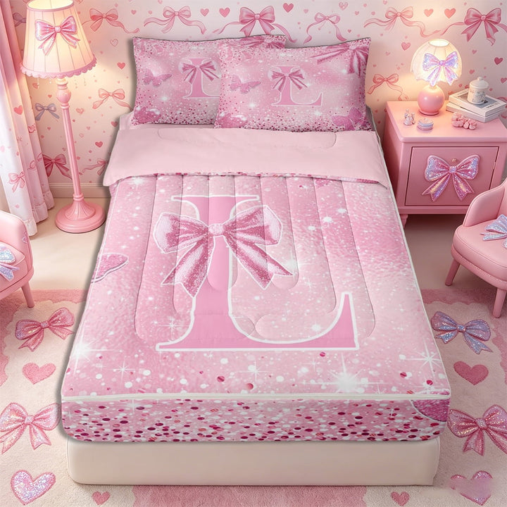 Meiyoeat Bow Letter L Zipper Twin Comforter Sets with Fitted Sheet and 2 Pillowcases for Teens, Sparkle Glitter Butterfly Print Zipper Bedding Set,4-Piece,Pink Reversible